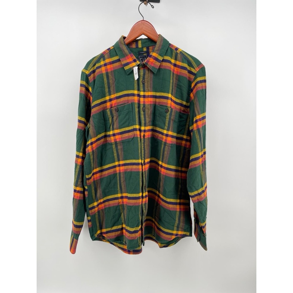 GAP Flannel Shirt Men Large Green Plaid Button Up Cotton NEW Standard‎ Fit